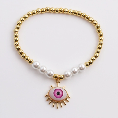 Bracciale Con Perline Malocchio Perline Di Rame Imitazione Perla Artificial Ciondolo Gioielli Boho Per Donna Elastico Regolabile