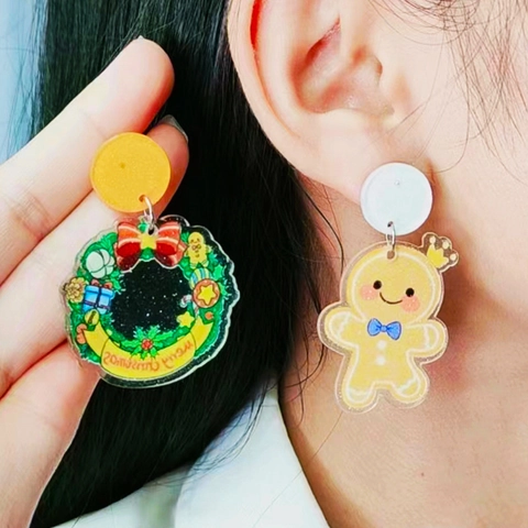 Christmas Dangle Earrings Acrylic Cartoon Santa Claus Gingerbread Man Candy Cane Jewelry With Stainless Steel Earring Post