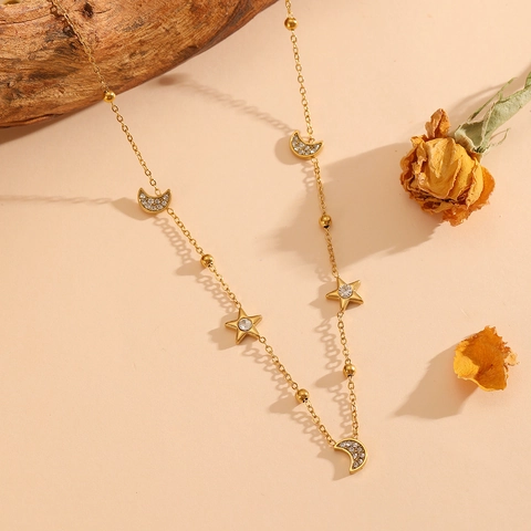 Moon Star Pendant Necklace Stainless Steel Rhinestone Inlaid Gold Plated Beaded Box Chain For Women Versatile Fashion Jewelry