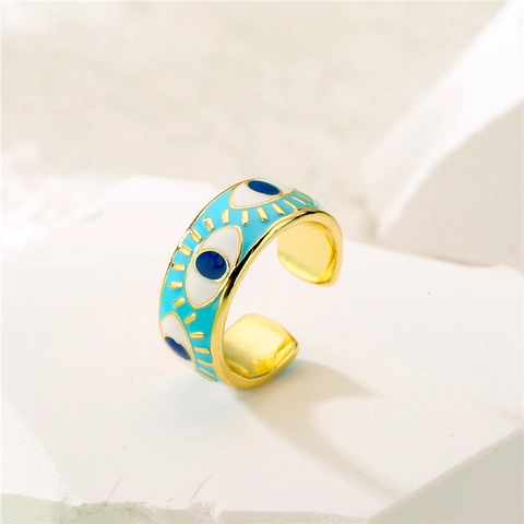 Evil Eye Enamel Open Ring Copper 18K Gold Plated Geometric Adjustable Band Jewelry For Women Bohemian Style