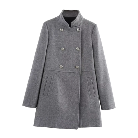 Women Double Breasted Long Wool Blend Coat Stand Collar Elegant Office Lady Warm Outerwear Slim Fit Casual Solid Color