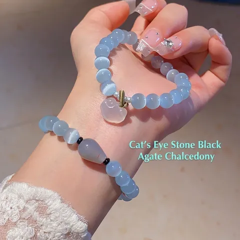 Cat Eye Stone Beaded Bracelet With Chalcedony Agate Artificial Pearl Charm Fresh Sweet Style For Women Fashion Accessory