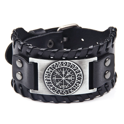 Vintage Viking Compass Wide Leather Bracelet For Men Punk Rock Alloy Metal Vegvisir Tree Of Life Wolf Head Bracelet Jewelry