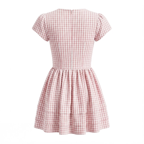 Gingham Mini Dress Pink White V Neck Short Sleeve Bow Tiered Ruffle Layered Sweet Style Polyester Cotton For Women