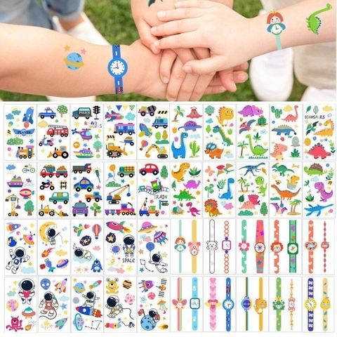 Kids Temporary Tattoo Stickers Waterproof Safe Cartoon Princess Dinosaur Car Watch Body Art For Boys Girls