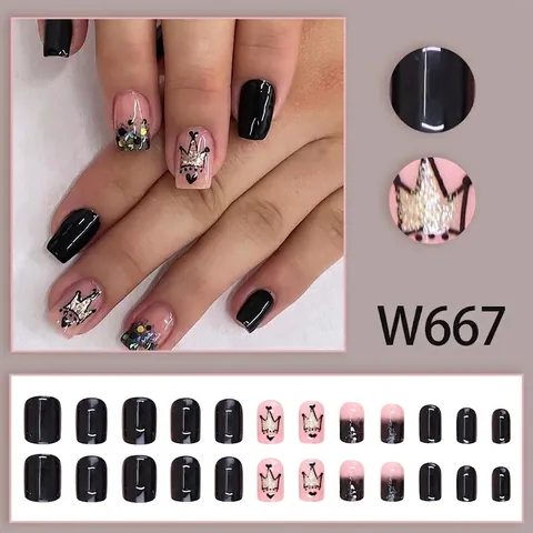 Short Square Press On Nails Black Nude Pink Gradient With Crown Heart Patterns Glossy Glitter Resin Artificial Tips