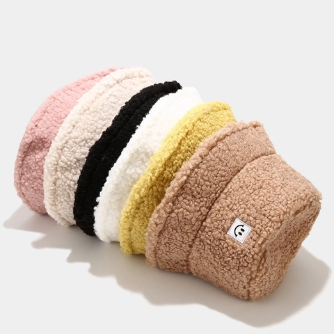 Smile Face Teddy Fleece Bucket Hat For Women Men Winter Warm Thickened Polyester Sherpa Fisherman Hat Casual Outdoor Pot Hat