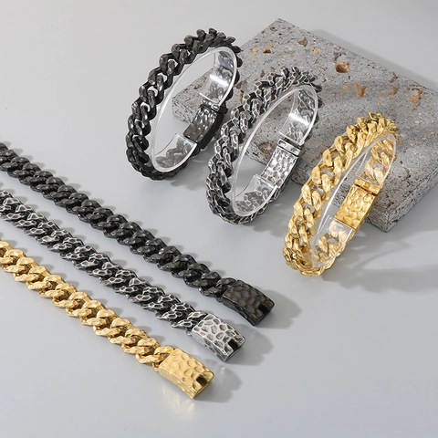 Collana E Bracciale A Catena Cubana Martellata Per Uomo Accessorio Di Gioielleria In Acciaio Inoxydable Stile Hip Hop