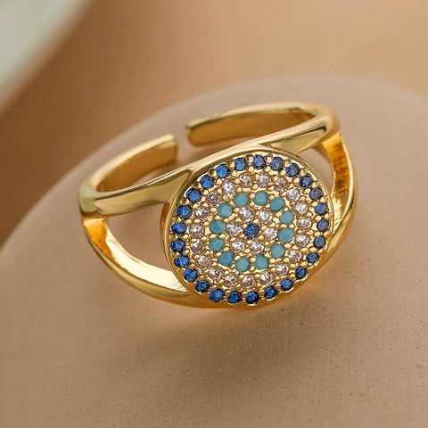 Evil Eye Open Ring Copper Micro Pave Zircon Geometric Adjustable Minimalist Trendy Jewelry For Women