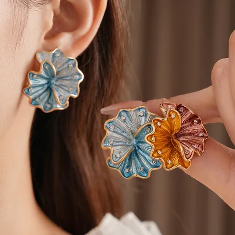 Orecchini A Fiore In Lega Vintage Con Rinestoni E Perno In Argento Smalto Olio A Goccia Stile Retrò Per Donna