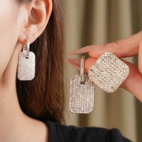 Orecchini Geometrici Quadrati Rettangolari Con Strass E Perno In Argento Moda Di Lusso Scintillante Per Donne
