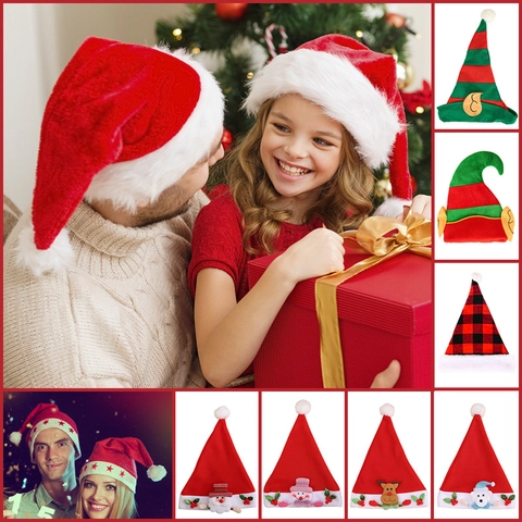 Classic Christmas Santa Hat Plush Velvet Soft Holiday Party Decoration For Adults And Kids Red Buffalo Plaid Design