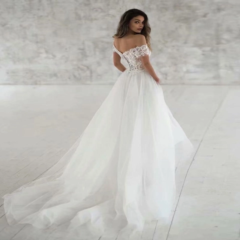 Vestido De Novia De Encaje Marfil Hombros Descubiertos Línea A Tul Elegante Para Mujeres