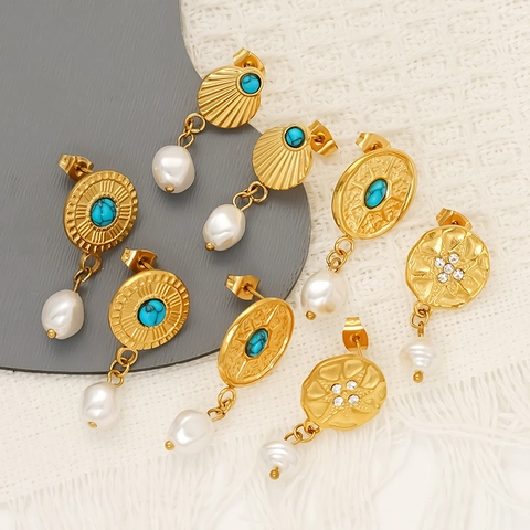 Vintage Bohemian Stud Earrings 18K Gold Plated 304 Stainless Steel With Artificial Baroque Pearl Turquoise For Women Hypoallergenic