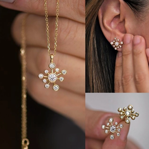 Snowflake Starburst Necklace And Stud Earrings Copper Cubic Zirconia Women Minimalist Elegant Accessory