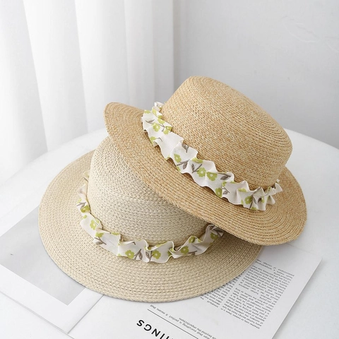 Chapeau De Paille Femme Haut Plat Solaire Plage Vacances Ruban Fleuri Plissé Doux Respirant