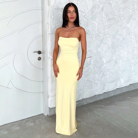 Sexy Damen Trägerloses Rückenfreies Maxikleid Polyester Gerafft Plissee Schnürung Eng Abendparty Clubwear