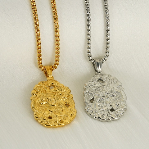 Collar Con Colgante De Relieve De Dragón Vintage De Acero Inoxidable Chapado En Oro De 18K Joyería De Estilo Étnico Para Hombres Y Mujeres