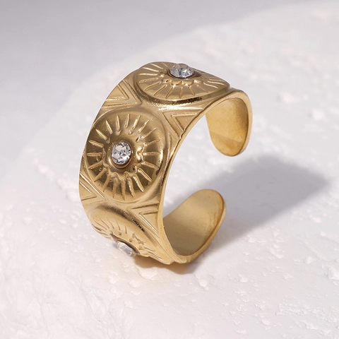 Anillo Abierto Con Patrón Solar De Acero Inoxidable Chapado En Oro De 18K Ajustable Circonita Joyería Retro Para Mujer