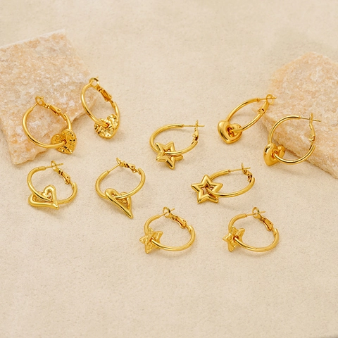 Stainless Steel Hoop Earrings With Heart Star Charms 18K Gold Plated Hammered Texture Vintage Jewelry For Women
