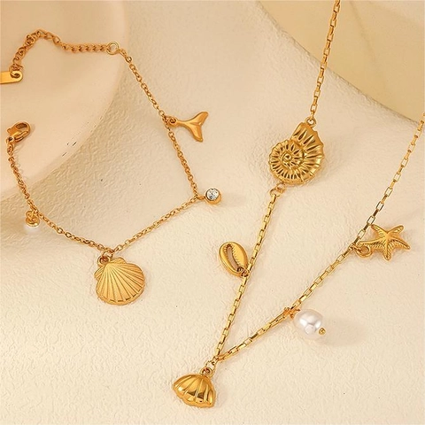 Tema Oceano Conchiglia Stella Marina Perla Artificial Acciaio Inossidabile Placcato Oro Gioielli Collana Bracciale Orecchini Accessorio Per Donne