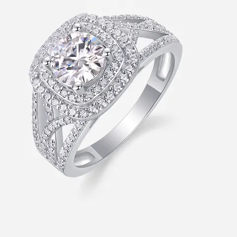 Luxury 925 Sterling Silver Moissanite Ring For Women Round Brilliant Cut Halo Ring With Side Stones Engagement Jewelry