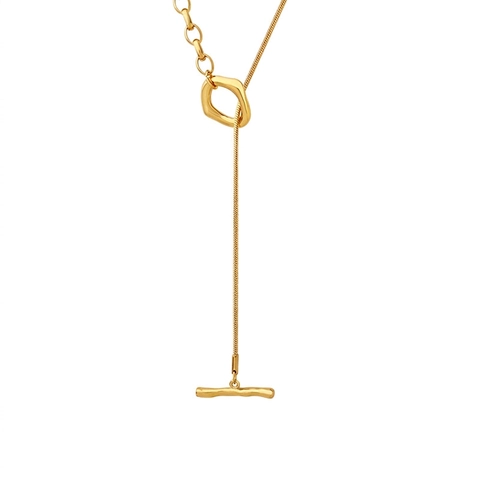 Collana Lunga Asimmetrica Con Chiusura A Gancio In Acciaio Al Titanio Placcato Oro 18K Catena Maglione Minimalista A Forma Di Y Per Donna