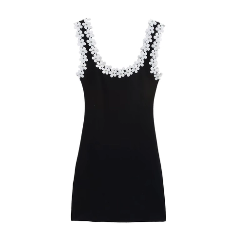 Mini Slim Fit Jurk Voor Dames Bloemenapplicatie Kunstparel Strass Geribd Breisel Mouwloos Sexy Party Clubwear Chic