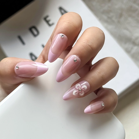 Rosa Französischer Farbverlauf Künstliche Fingernägel Süße 3D Blumen Mandelform Fake Nails Mit Strass Glänzend Künstliche Fingernägel Für Damen Schönheit Dekor