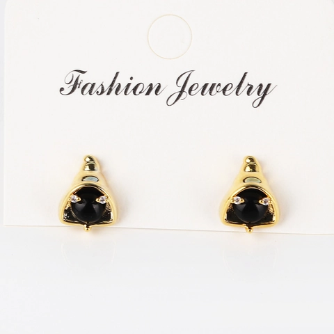 Boucles D Oreilles Clous Forme De Cloche Laiton Doré Avec Pierre Ronde Noire Et Strass Clair Style Mode Pour Femmes