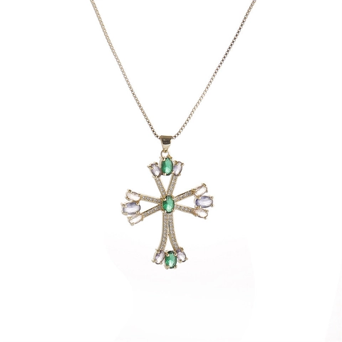 Copper Cross Pendant Necklace With Green Purple Zircon Micro-Set Box Chain Jewelry For Men Women