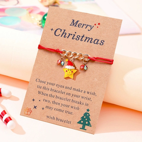 Christmas Wish Bracelet Handmade Red Braided Rope Adjustable Alloy Enamel Santa Tree Charm Jewelry Gift Women Friends