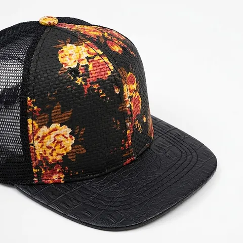 Casquette Trucker Imprimé Fleuri Mesh Paille Tissée Visière Cuir Crocodile Snapback Réglable Pare-Soleil Été Extérieur