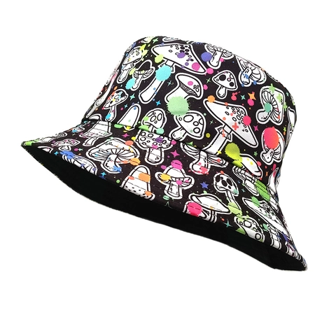 Retro Paddestoel Print Vissershoed Polyester Kleurrijke Graffiti Dubbelzijdig Zonbescherming Outdoor Street