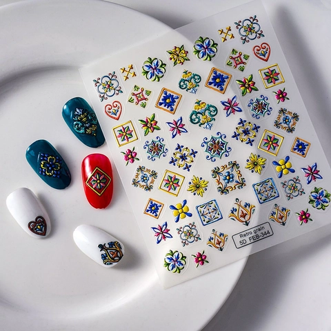 Autocollants De Nail Art Gaufrés 5D Autocollants Bohème Ethnique Mandala Floral Vintage Décor De Manucure Pour Femmes