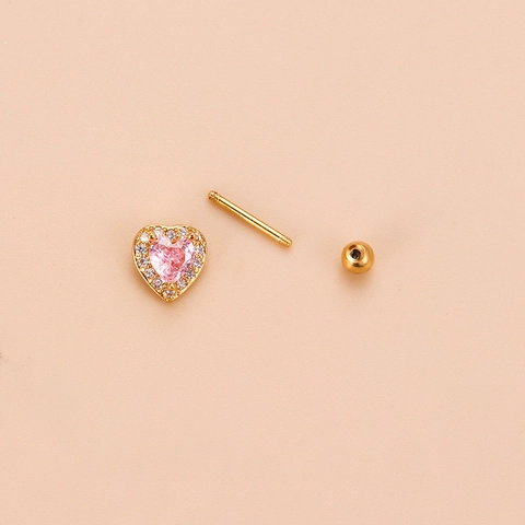 Ear Cartilage Studs Piercing Jewelry Stainless Steel Earring Post Copper Inlaid Pink Zircon Flower Heart Screw Ball Back