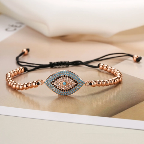 Evil Eye Beaded Bracelet Copper 18K Gold Plated Zircon Adjustable Woven Cord Fashion Jewelry For Women