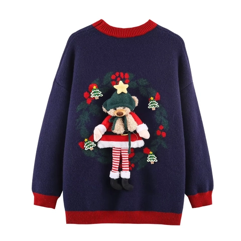Women Christmas 3D Bear Knit Sweater Contrast Color Round Neck Long Sleeve Loose Pullover Warm Festive Winter Jumper Top