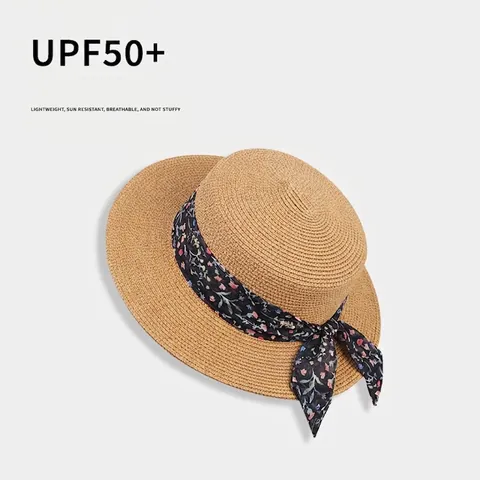 Chapeau De Paille Boater Pour Femmes Large Bord Protection Solaire Nœud Ruban Floral Pastoral Été Plage Élégant Plat