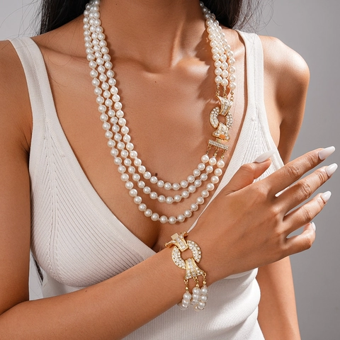 Elegante Collana E Bracciale Di Künstliche Perle Artificiali Multistrato Vintage Fibbia Geometrica In Strass Gioielli Di Lusso Da Donna
