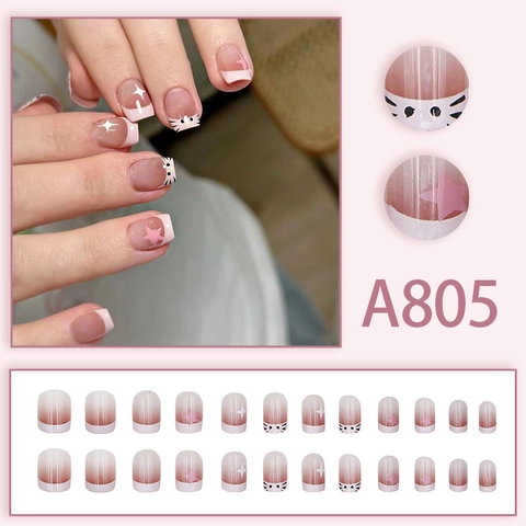 French Pink Gradient Press On Nails Cartoon Star Pattern Short Square Fake Artificial Fingernails Sweet Style