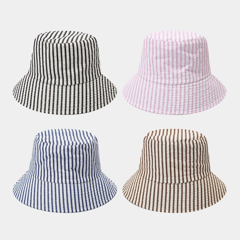 Striped Bucket Hat Cotton Polyester Rhinestone Wide Brim Retro Sun Protection Women