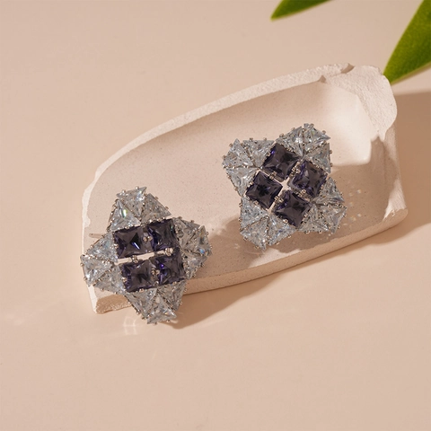 Geometric Square Stud Earrings Purple Cubic Zirconia Elegant Jewelry With 925 Sterling Silver Earring Post For Women