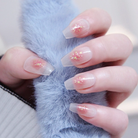 Uñas Postizas Press On Largas Ataúd Degradado Blush Hielo Transparente Con Pan De Oro Brillo Dulce Elegante