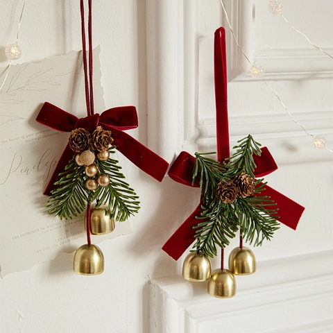 Christmas Hanging Ornament With Velvet Bow Golden Metal Bells Pine Cones Artificial Pine Needles Tree Door Decoration
