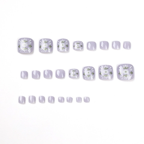 Plaknagels Voor Tenen Lichtpaars Madeliefje Patroon Kort Vierkant Glanzend Hars Kunstnagels Voor Dames