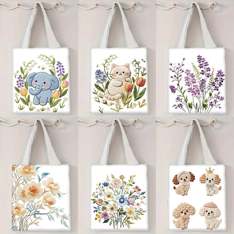 Canvas Tote Bag Large Capacity Floral Animal Print Shoulder Handbag Eco Friendly Shopping Travel For Women Girls