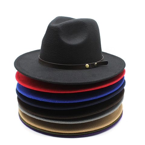 Fedora Hat Vintage Wool Felt Wide Flat Brim With Faux Leather Belt Rivet Decor Unisex Jazz Cap