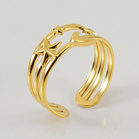 Anillo Estrella Luna Acero Inoxidable Chapado En Oro 18K Multicapa Hueco Joyería Ajustable Estilo INS Vintage Mujer