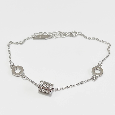 925 Sterling Silver Bracelet For Women Paved Sparkling Zircon Cylinder Charm And Two Round Rings Adjustable Minimalist